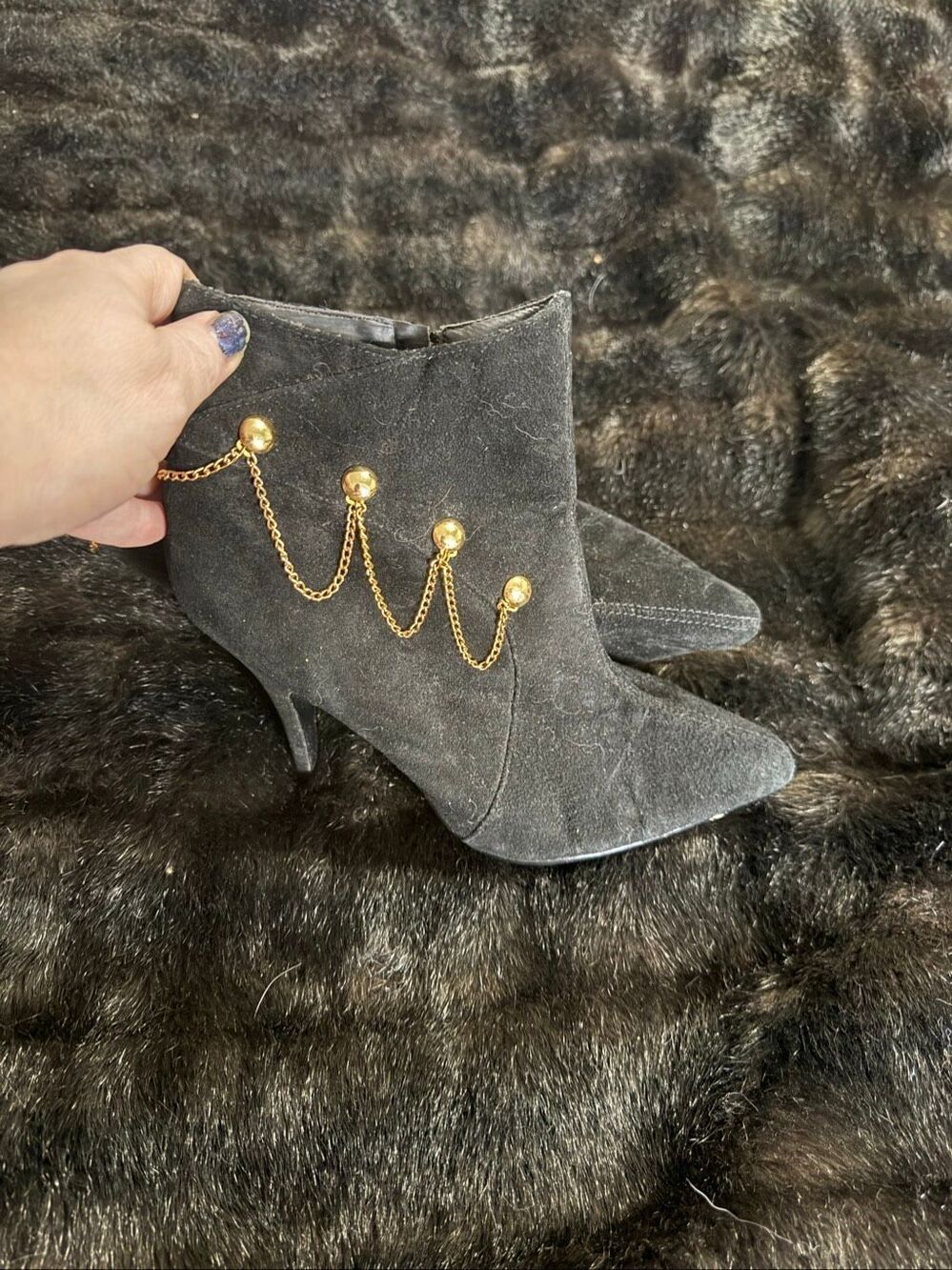 Vtg PIATTO Women’s black chain heel booties 6.5 velvet